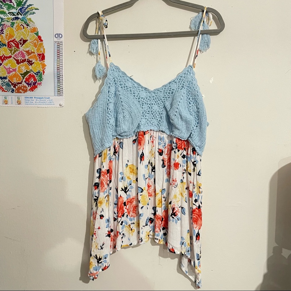 American Rag Light Blue Crochet Bodice Floral Top Size 3X